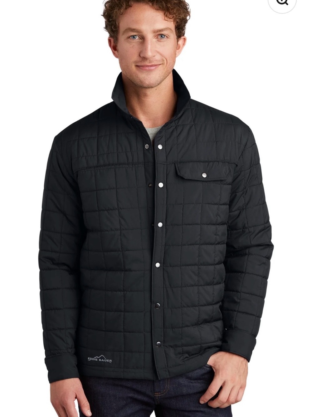 Mens Eddie Bauer Shirt Jac Jacket Black Quilted Puffer Snap Button Front XL
